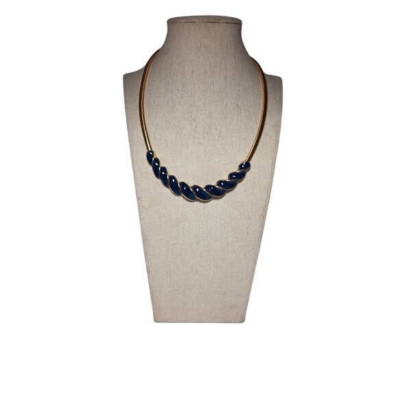 Gold Tone Snake Chain Chocker with Twisted Blue Enamel 14" - Picture 4 of 7